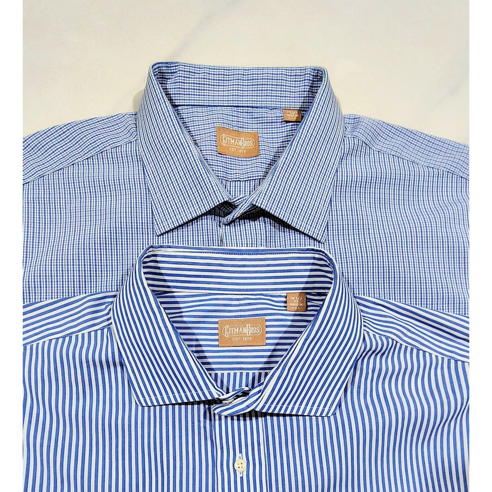 Gitman Bros Shirt Mens XXL Blue Striped Plaid 18.5 Made USA Cotton Lot Of 2